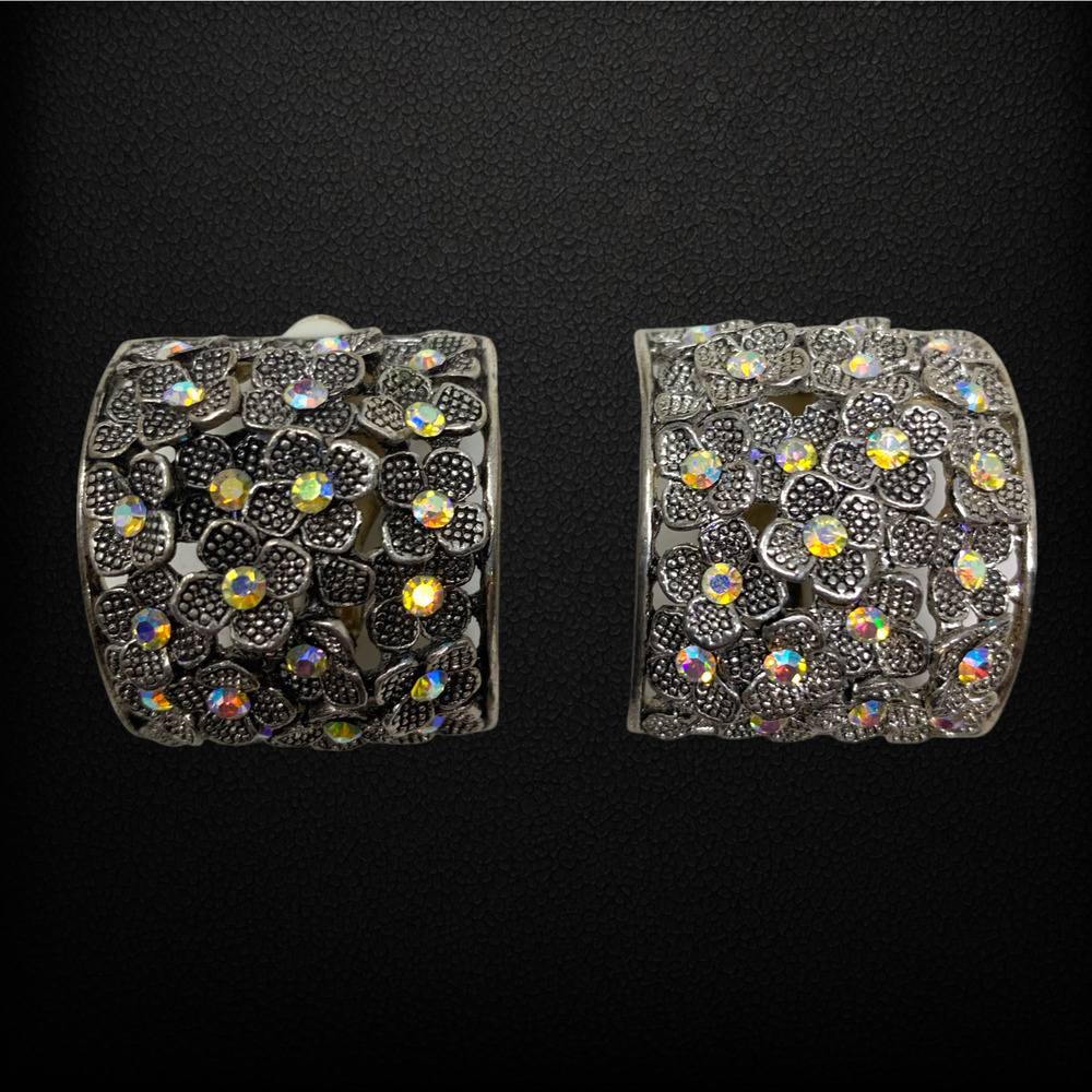 Vintage 1980s Earrings Floral AB Crystal Semi Hoop Silver Tone Clip On Wrap